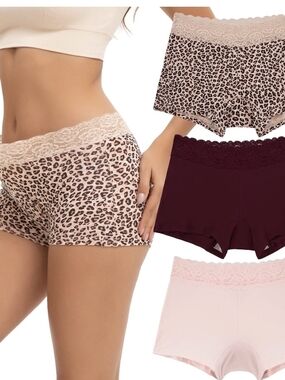 Lace-Waist Boyshort Panties 3-Pack - Leopard, Burgundy & Blush